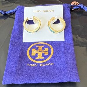 Tory Burch Gold and Light Blue Enamel Small Hoop Earrings